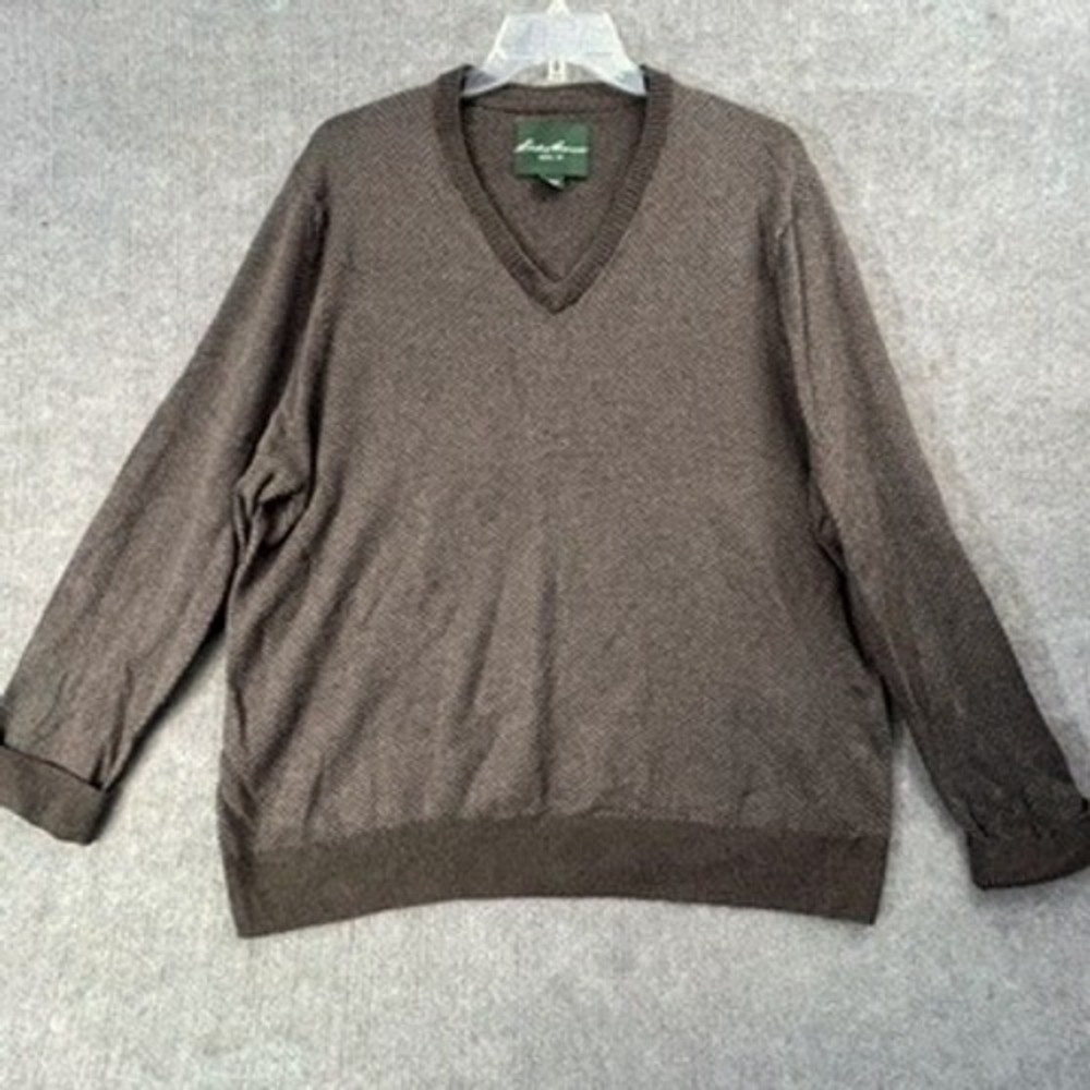 Eddie Bauer XXL V-Neck Brown Herringbone‎ Cotton Cashmere Sweater Mens